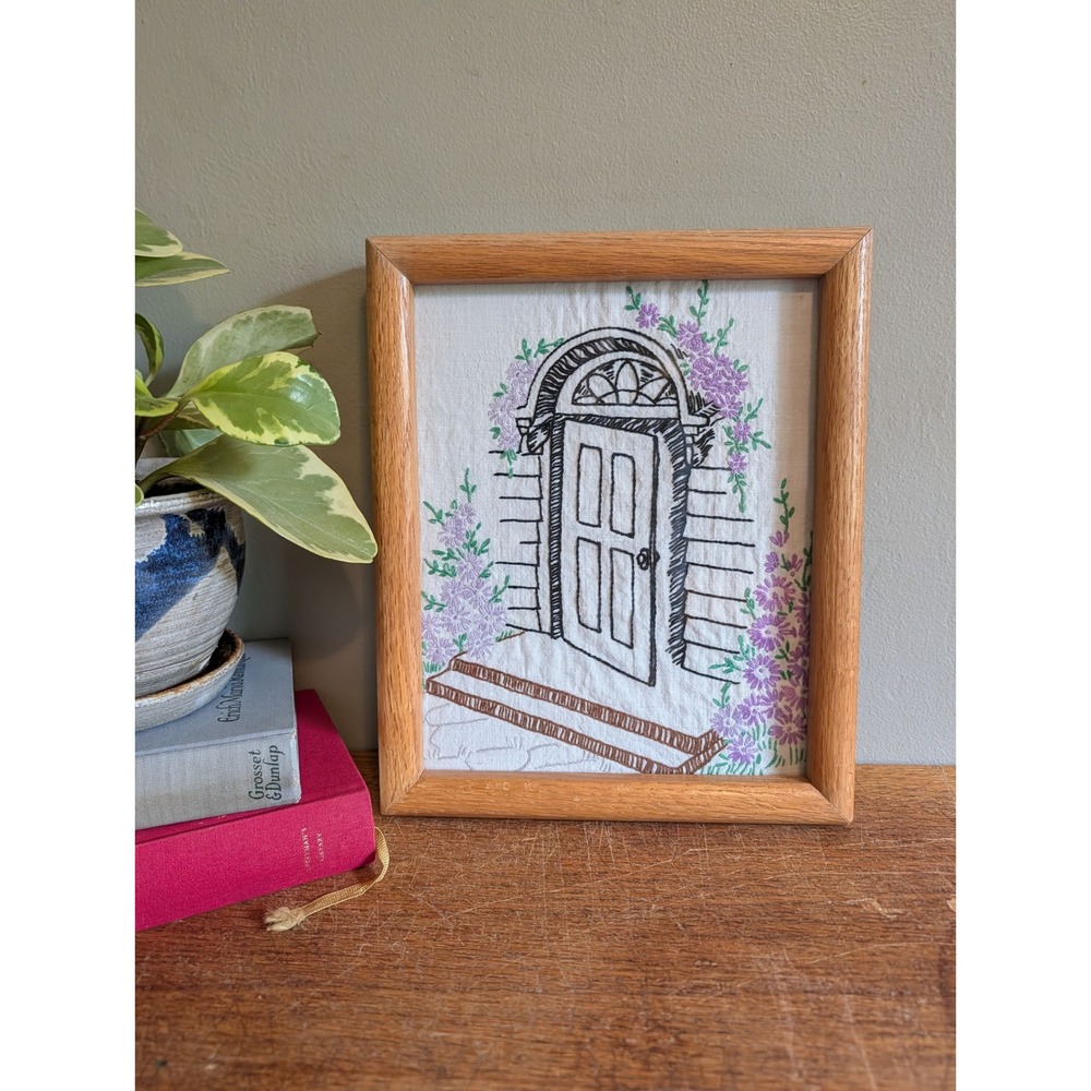 Vintage Hand Embroidery Framed Art Cottage Door Purple Flowers Oak Frame 11x9